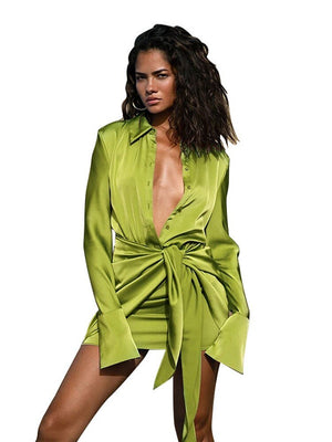 Lapel Tie Up Dress Women Solid Single-breasted Long Sleeve Mini Skirt Autumn Fashion Female Party Nightclub Dress. | 0 | TageUnlimited