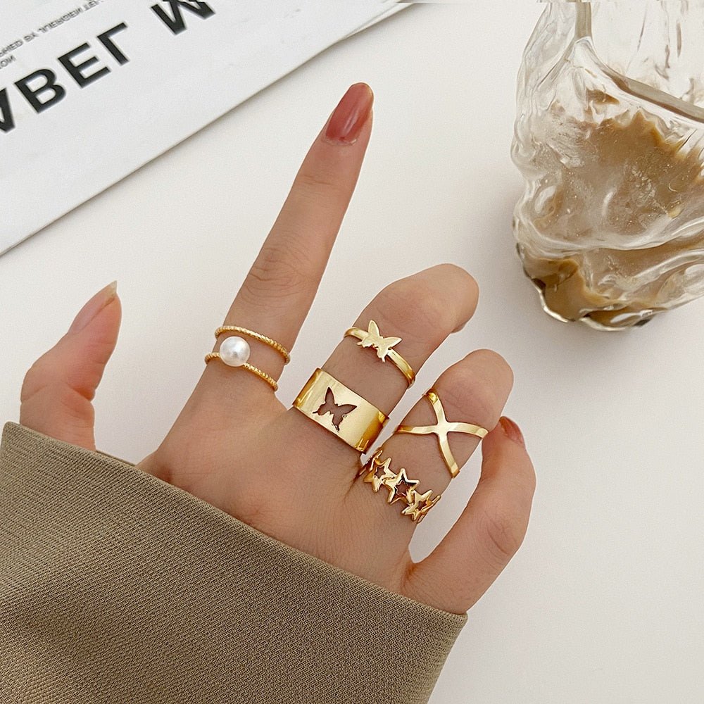 LATS 7pcs Fashion Jewelry Rings Set Hot Selling Metal Hollow Round Opening Women Finger Ring for Girl Lady Party Wedding Gifts | 0 | Tage-Active