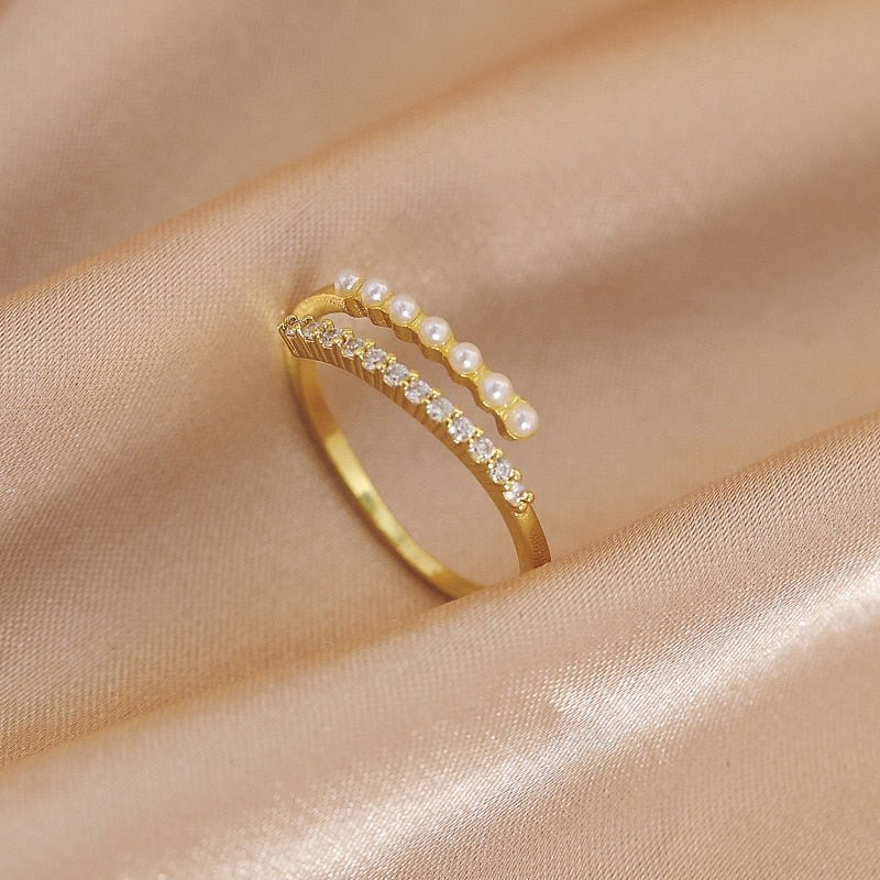LATS Luxury Gold Color Pearl Zircon Rings for Woman Vintage Sexy Open Ring Party Joint Ring Fashion Elegant Jewelry Gifts - TageUnlimited