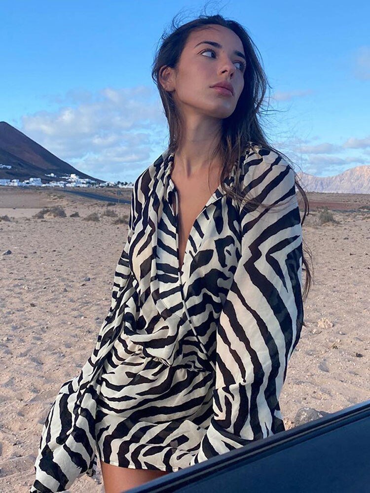 Long Sleeve Zebra Print Mini Dress Women Sexy High Waist Bandage Beach Dresses  Casual Fashion Female See Through Dress | 0 | TageUnlimited
