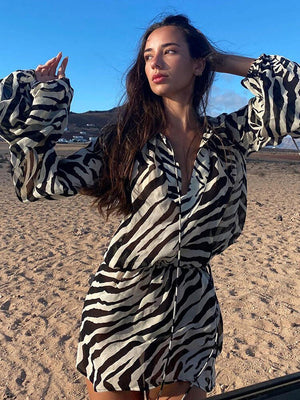 Long Sleeve Zebra Print Mini Dress Women Sexy High Waist Bandage Beach Dresses  Casual Fashion Female See Through Dress | 0 | TageUnlimited