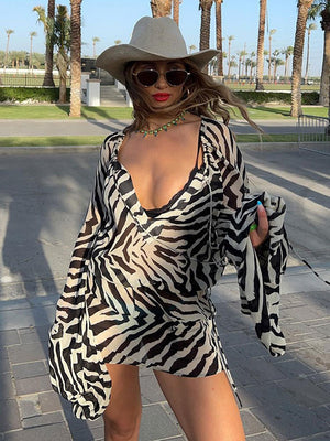 Long Sleeve Zebra Print Mini Dress Women Sexy High Waist Bandage Beach Dresses  Casual Fashion Female See Through Dress | 0 | TageUnlimited