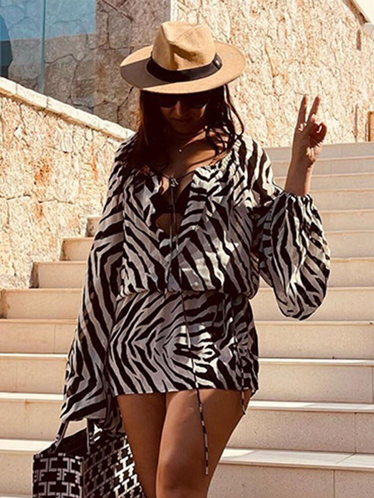 Long Sleeve Zebra Print Mini Dress Women Sexy High Waist Bandage Beach Dresses  Casual Fashion Female See Through Dress | 0 | TageUnlimited