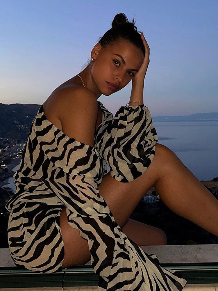 Long Sleeve Zebra Print Mini Dress Women Sexy High Waist Bandage Beach Dresses  Casual Fashion Female See Through Dress | 0 | TageUnlimited