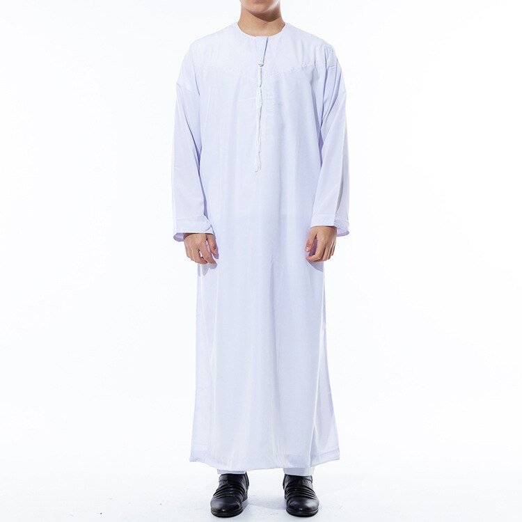 Men Muslim Robe Long Sleeve Solid Color Breathable Robe Round Neck Islam Arabian Robe Men | TageUnlimited