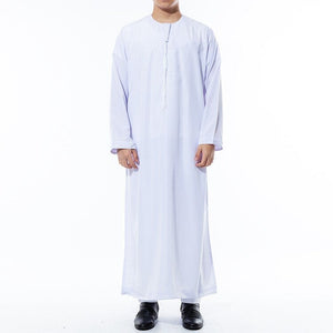 Men Muslim Robe Long Sleeve Solid Color Breathable Robe Round Neck Islam Arabian Robe Men | TageUnlimited