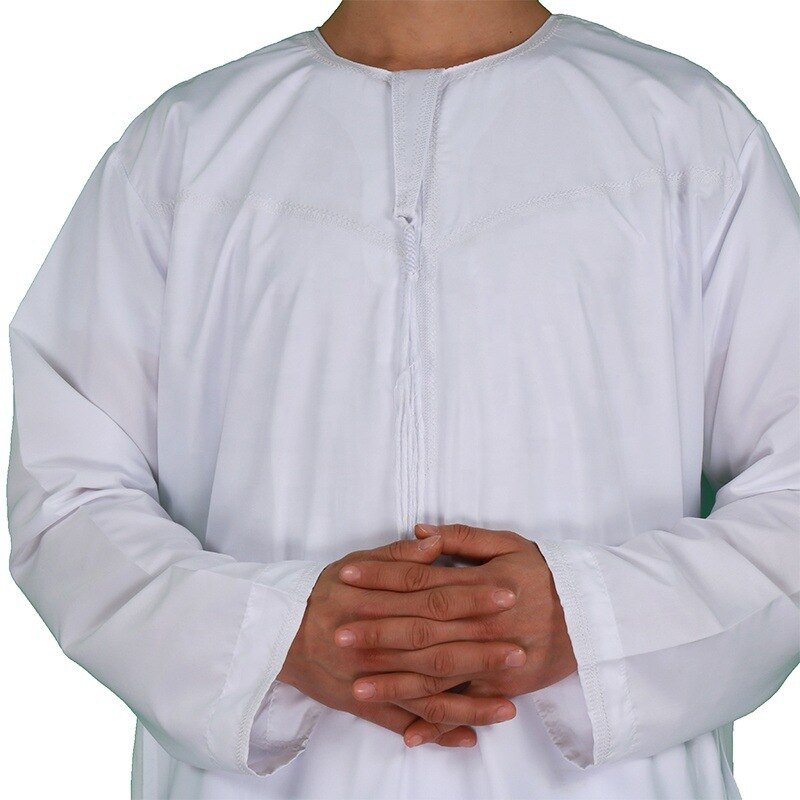 Men Muslim Robe Long Sleeve Solid Color Breathable Robe Round Neck Islam Arabian Robe Men | TageUnlimited