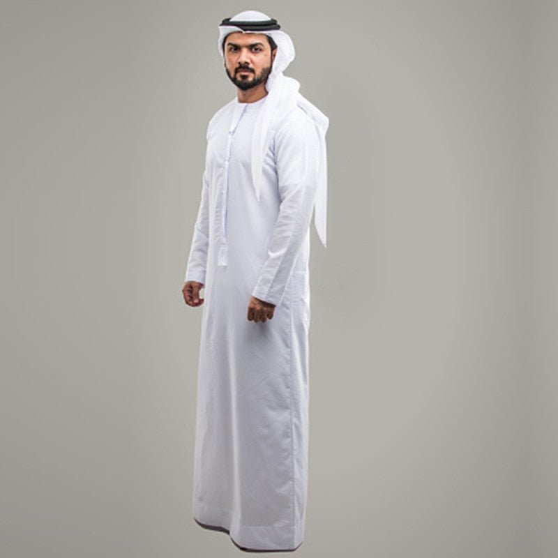 Men Muslim Robe Long Sleeve Solid Color Breathable Robe Round Neck Islam Arabian Robe Men | TageUnlimited