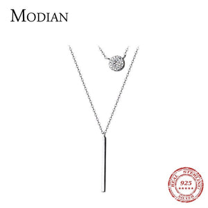 Modian Sterling Silver 925 Shining Zircon Disc Geometric Stick Pendant Necklace for Women Double Layer Necklaace Fine Jewelry | 0 | Tage-Active