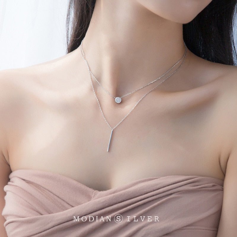 Modian Sterling Silver 925 Shining Zircon Disc Geometric Stick Pendant Necklace for Women Double Layer Necklaace Fine Jewelry | 0 | Tage-Active
