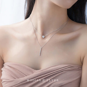Modian Sterling Silver 925 Shining Zircon Disc Geometric Stick Pendant Necklace for Women Double Layer Necklaace Fine Jewelry | 0 | Tage-Active