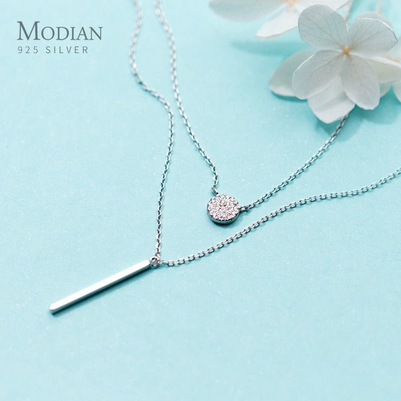 Modian Sterling Silver 925 Shining Zircon Disc Geometric Stick Pendant Necklace for Women Double Layer Necklaace Fine Jewelry | 0 | Tage-Active