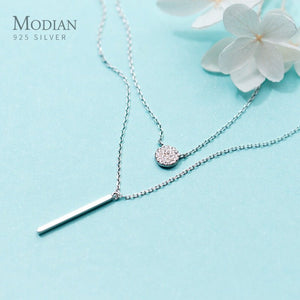 Modian Sterling Silver 925 Shining Zircon Disc Geometric Stick Pendant Necklace for Women Double Layer Necklaace Fine Jewelry | 0 | Tage-Active