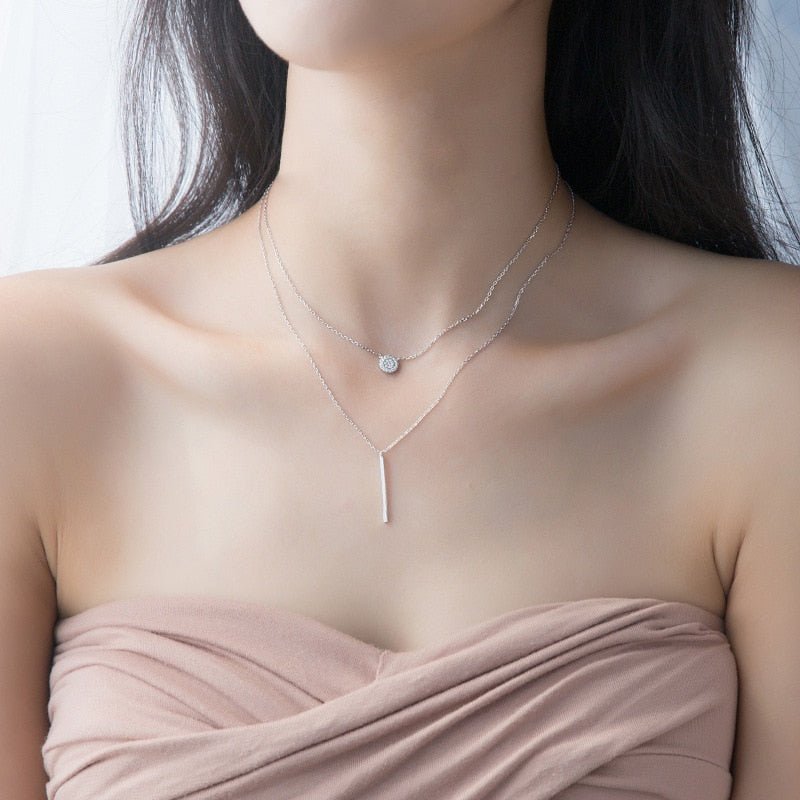 Modian Sterling Silver 925 Shining Zircon Disc Geometric Stick Pendant Necklace for Women Double Layer Necklaace Fine Jewelry | 0 | Tage-Active