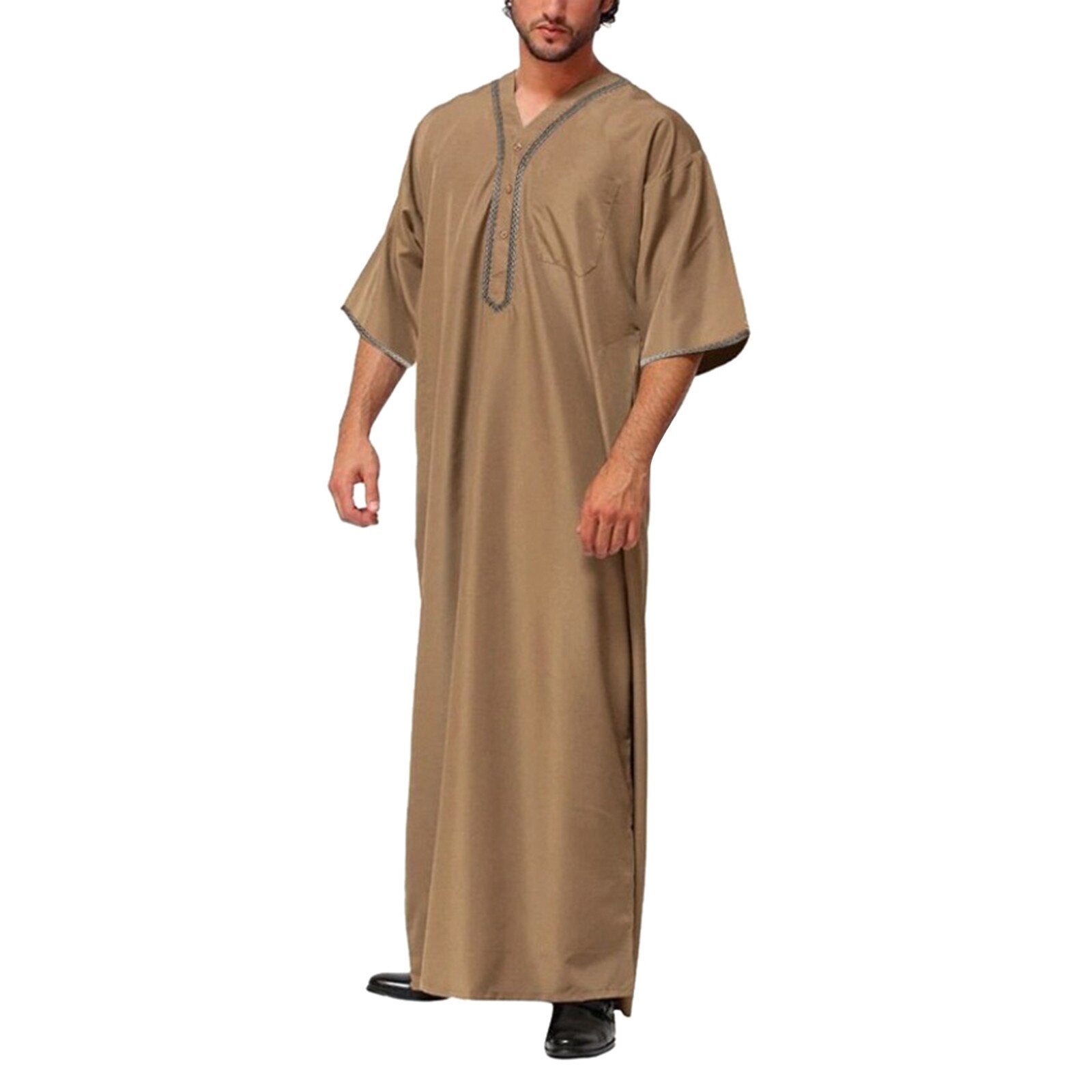 Muslim Men Jubba Thobe Solid Color Button Kimono Middle Robe Saudi Musulman Shirt Stand Collar Islamic Arabic Kaftan Men Abaya | TageUnlimited