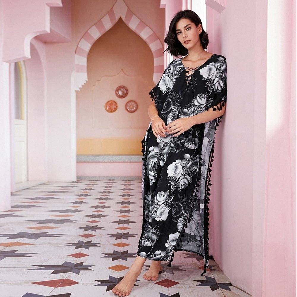 Muslim Pajamas For Women Casual Robes Large Swing Print Long Dress Holiday Style Home Service Clothing Dubai Middle East Robes | TageUnlimited