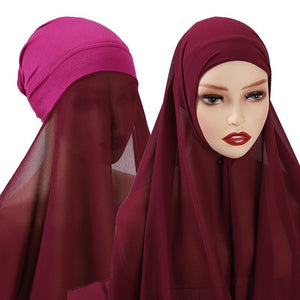 Muslim Women Chiffon Hijab With Cap Bonnet Instant Chiffon Hijab Pinles Shawl Head Scarf Under scarf Caps Cover Headwrap | TageUnlimited
