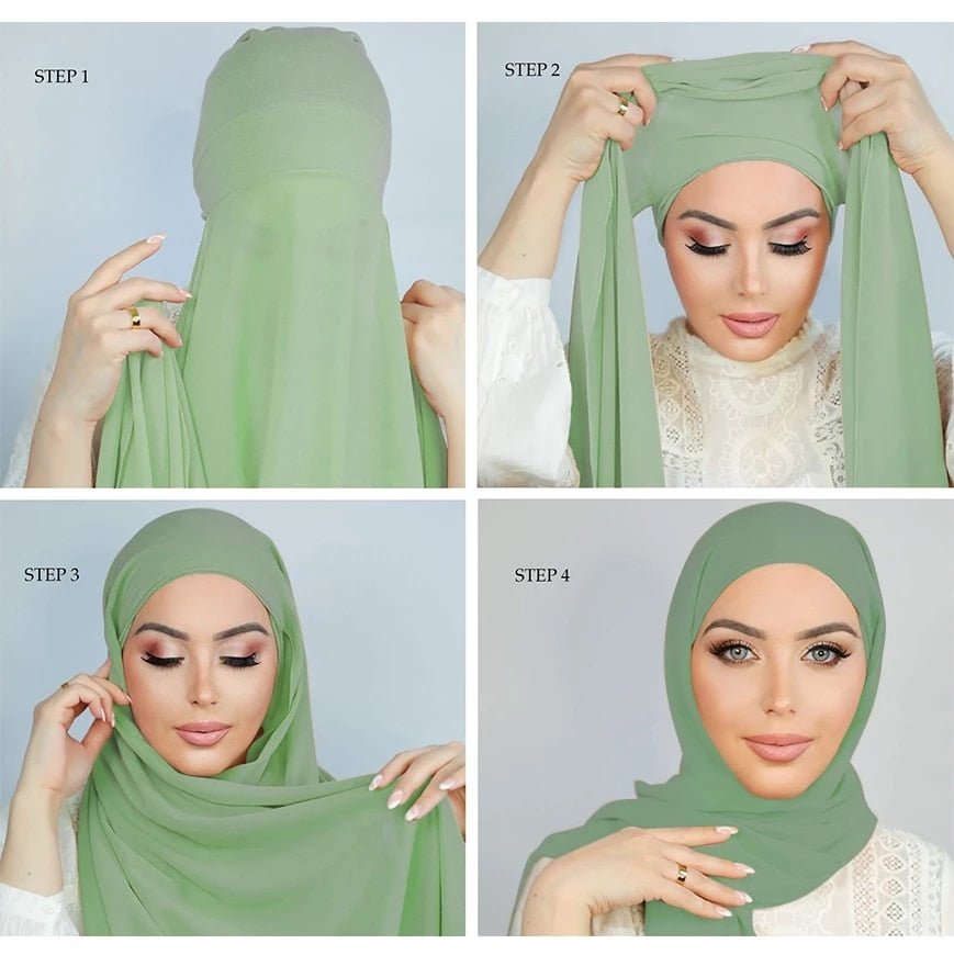 Muslim Women Chiffon Hijab With Cap Bonnet Instant Chiffon Hijab Pinles Shawl Head Scarf Under scarf Caps Cover Headwrap | TageUnlimited
