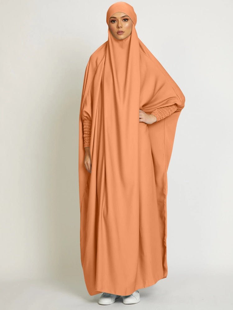 Muslim Women Jilbab One-piece Prayer Dress Hooded Abaya Smocking Sleeve Islamic Clothing Dubai Saudi Black Robe Turkish Modesty | TageUnlimited