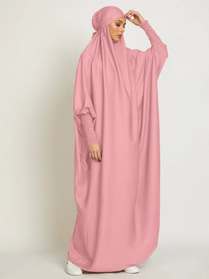 Muslim Women Jilbab One-piece Prayer Dress Hooded Abaya Smocking Sleeve Islamic Clothing Dubai Saudi Black Robe Turkish Modesty | TageUnlimited