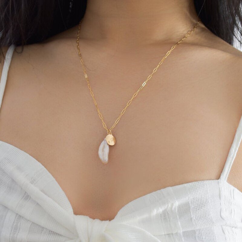 Natural Baroque Pearl Pendants Disk Necklace Initial Necklace Choker Gold Filled Jewelry Women Necklace | 0 | Tage-Active