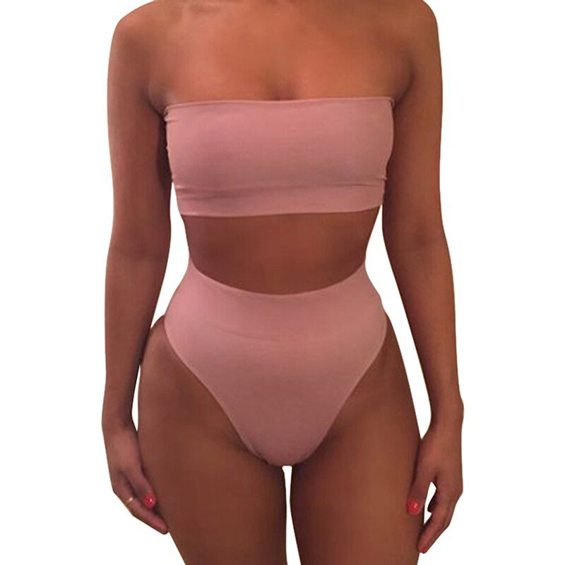 New High Waist Strapless Sexy Bikini Women Swimwear Women Swimsuit Padded Bathing Suit Monokin Pure Color Micro Bikini | TageUnlimited