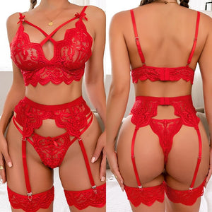 New Sexy Exotic Sets Women Lingerie 3pcs Bra And Panty Garters See Through Lingerie Sets Lace Exotic Costumes Babydolls S-XL | TageUnlimited