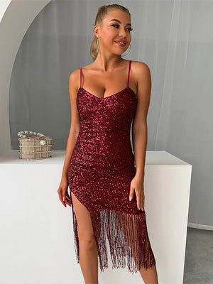 V-Neck Fringed Sexy Dresses For Women  Summer Sexy Backless Suspender Dress Luxurious Shiny Party Evening Prom Dresses | 0 | TageUnlimited