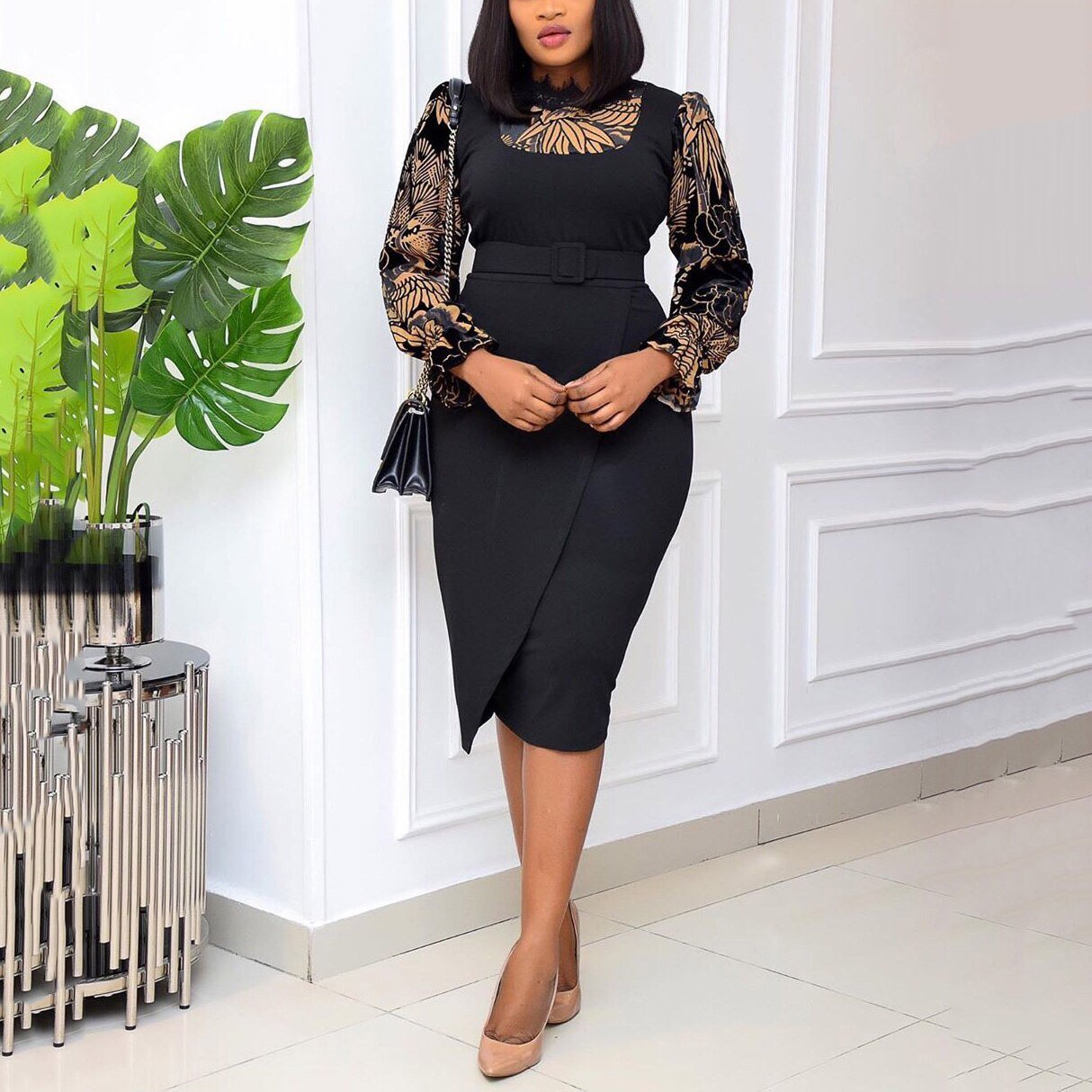 Office Dresses for Ladies Formal Classy Black Patchwork Full Sleeve Bodycon Temperament Commute Work Wear Dress Midi Hot ol | 0 | TageUnlimited