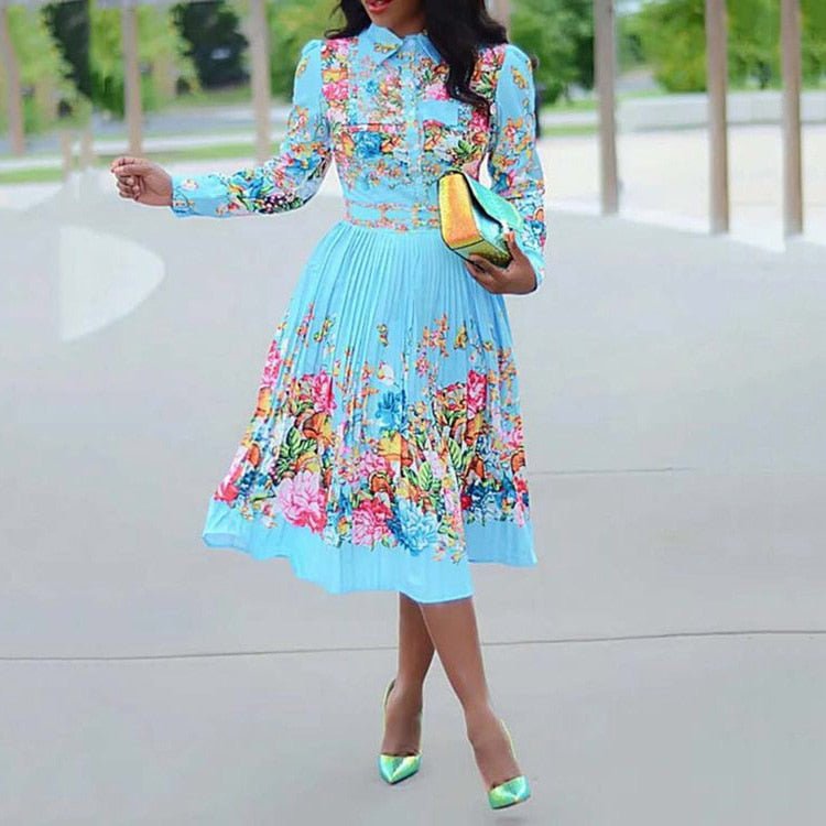 Office Dresses For Ladies  Formal Classy A Line Printed Full Sleeve High Waist Mid Calf Elegant Work Business Clothes Dress | 0 | TageUnlimited