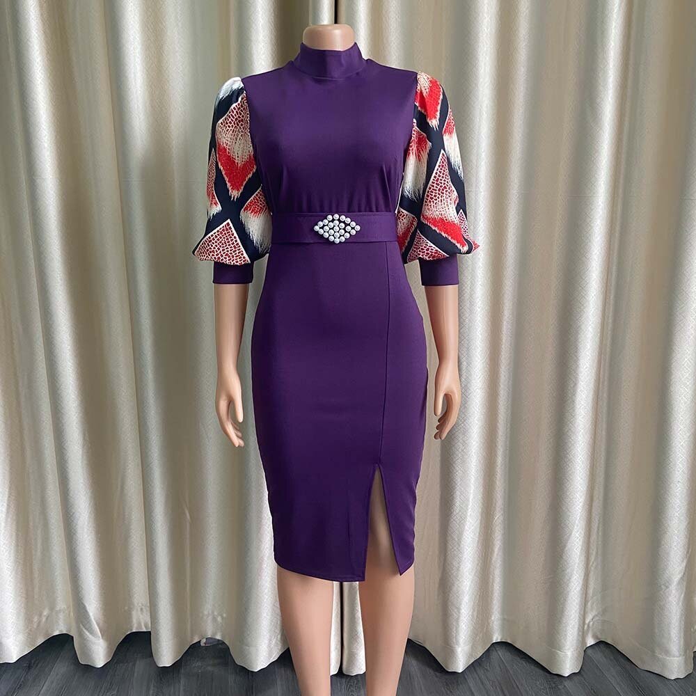 Office Dresses for Women Elegant Lantern Sleeve Sheath Round Neck High Waisted Split Mid Calf Fashion Formal Business Work Dress | 0 | TageUnlimited