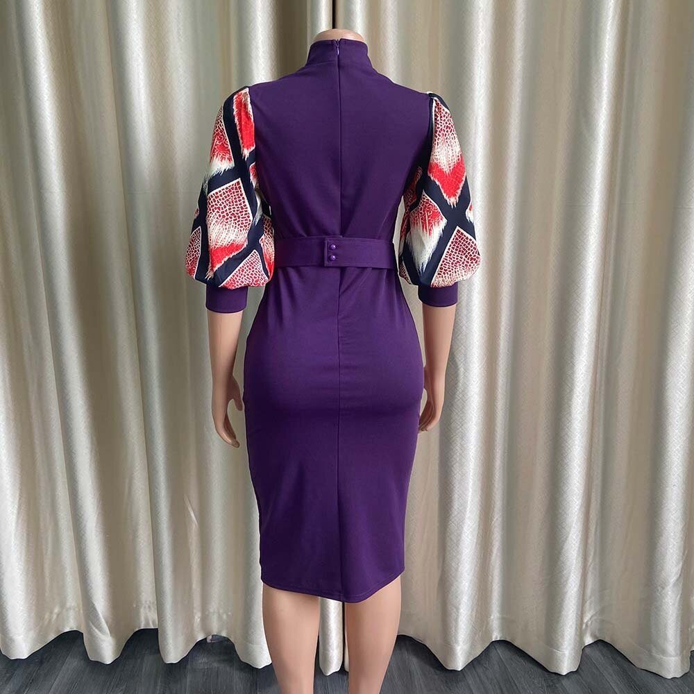 Office Dresses for Women Elegant Lantern Sleeve Sheath Round Neck High Waisted Split Mid Calf Fashion Formal Business Work Dress | 0 | TageUnlimited