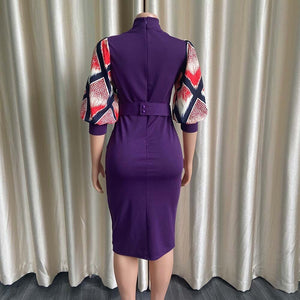 Office Dresses for Women Elegant Lantern Sleeve Sheath Round Neck High Waisted Split Mid Calf Fashion Formal Business Work Dress | 0 | TageUnlimited