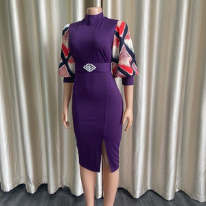 Office Dresses for Women Elegant Lantern Sleeve Sheath Round Neck High Waisted Split Mid Calf Fashion Formal Business Work Dress | 0 | TageUnlimited