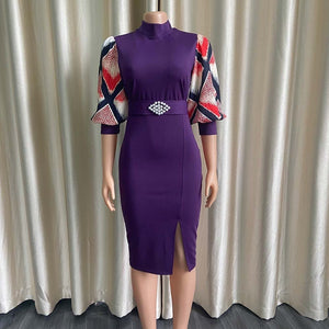Office Dresses for Women Elegant Lantern Sleeve Sheath Round Neck High Waisted Split Mid Calf Fashion Formal Business Work Dress | 0 | TageUnlimited