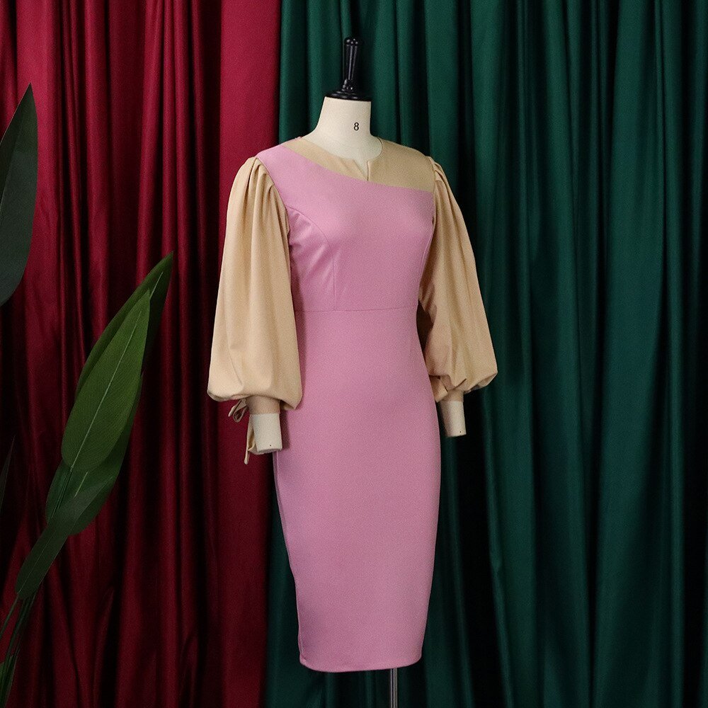 Office Work Dresses for Women Bodycon High Waisted Lantern Sleeve Round Neck Elegant Formal Business Work Wear Dress Midi Cloth | 0 | TageUnlimited