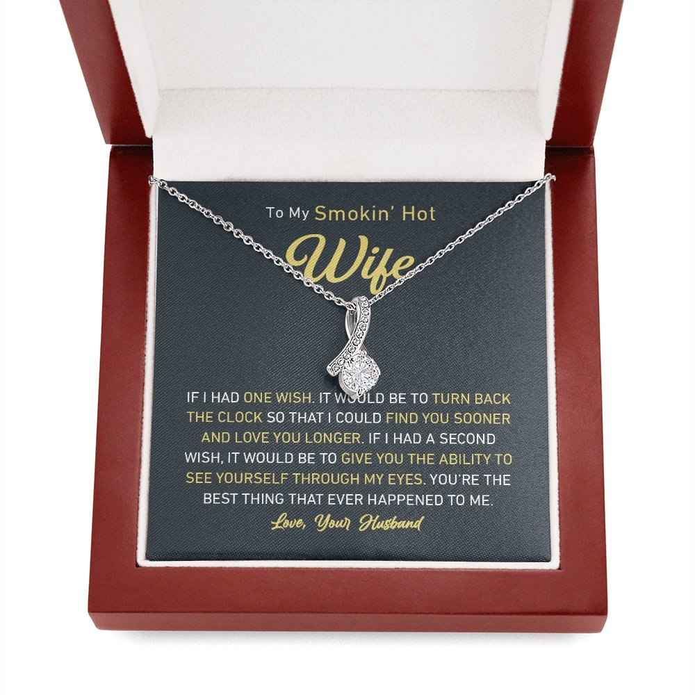 Petite Ribbon Shaped Pendant - To My Smokin' Hot Wife | Jewelry | C30084TG, C30084TR, lx-C30084, PB23-WOOD, PROD-1497632, PROD-1499070, PT-930, TNM-1, USER-43062, WARRANT-UPSELL | TageUnlimited