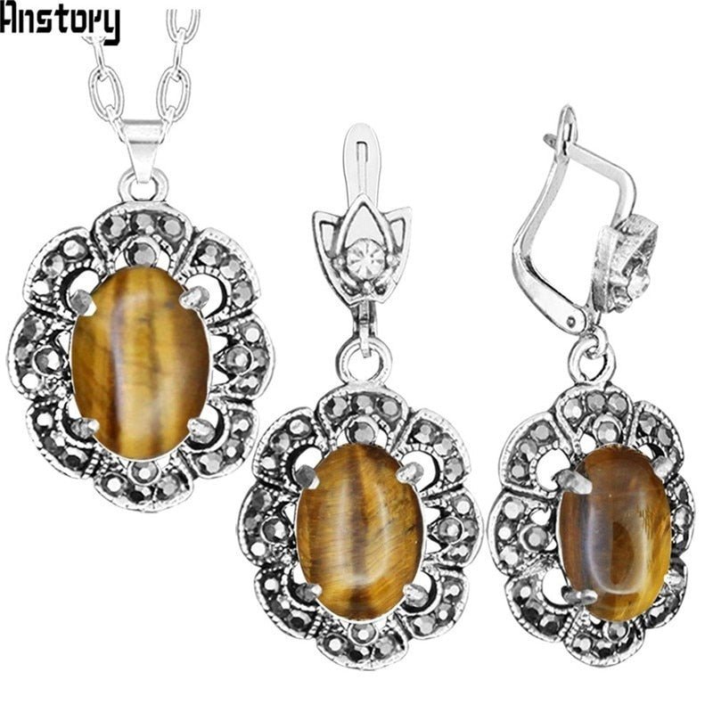 Plum Flower Pendant Natural Tiger Eye Necklace Earrings Jewelry Set Rhinestone Vintage Fashion Jewelry For Women TS403 | 0 | Tage-Active