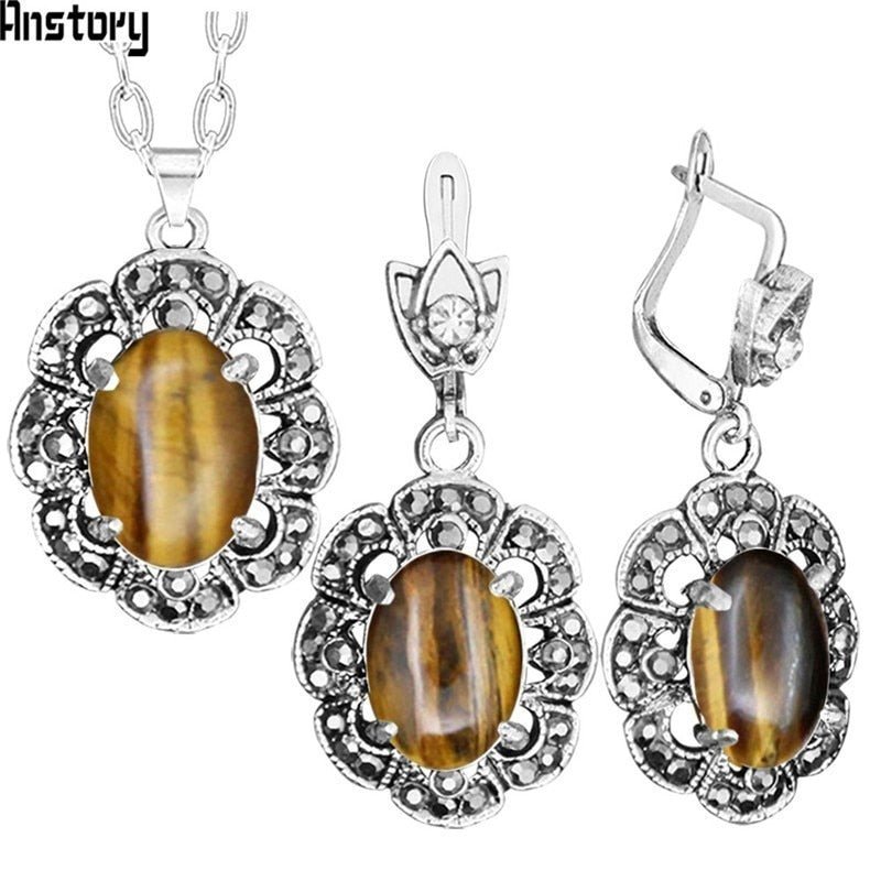 Plum Flower Pendant Natural Tiger Eye Necklace Earrings Jewelry Set Rhinestone Vintage Fashion Jewelry For Women TS403 | 0 | Tage-Active