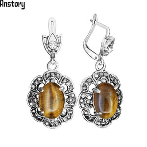 Plum Flower Pendant Natural Tiger Eye Necklace Earrings Jewelry Set Rhinestone Vintage Fashion Jewelry For Women TS403 | 0 | Tage-Active