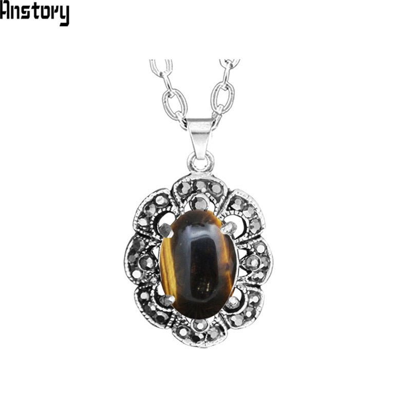 Plum Flower Pendant Natural Tiger Eye Necklace Earrings Jewelry Set Rhinestone Vintage Fashion Jewelry For Women TS403 | 0 | Tage-Active