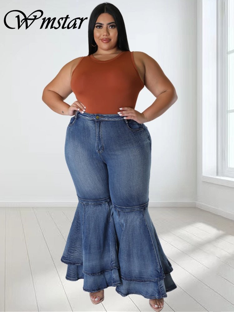 Plus Size Jeans Women Casual High Waist Flare Flared Pants Bottom Ruffled Hem Fashion Denim Streetwear Wholesale Dropshpping | 0 | TageUnlimited