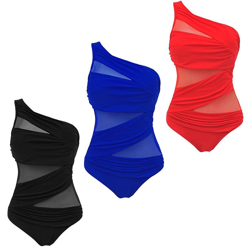 Plus Size Ladies One Piece Mesh Bandage Bikini Swimwear One Shoulder Push Up Monokini Swimsuit Bathing Suit XL XXL Beachwear Red | TageUnlimited