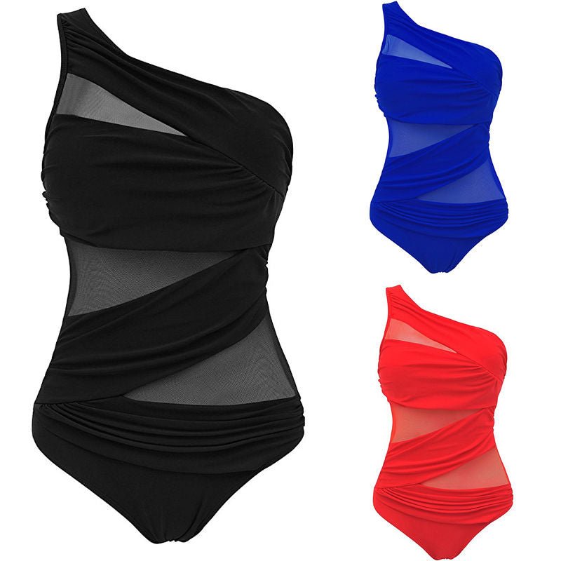 Plus Size Ladies One Piece Mesh Bandage Bikini Swimwear One Shoulder Push Up Monokini Swimsuit Bathing Suit XL XXL Beachwear Red | TageUnlimited