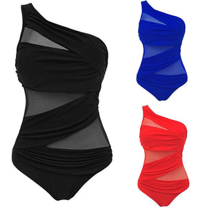 Plus Size Ladies One Piece Mesh Bandage Bikini Swimwear One Shoulder Push Up Monokini Swimsuit Bathing Suit XL XXL Beachwear Red | TageUnlimited