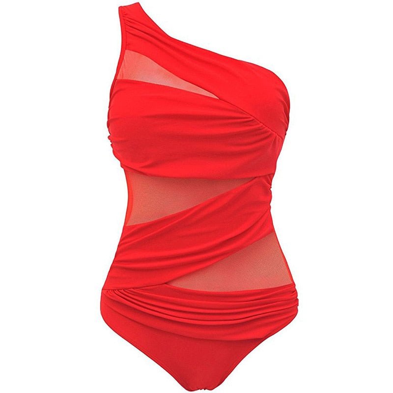 Plus Size Ladies One Piece Mesh Bandage Bikini Swimwear One Shoulder Push Up Monokini Swimsuit Bathing Suit XL XXL Beachwear Red | TageUnlimited