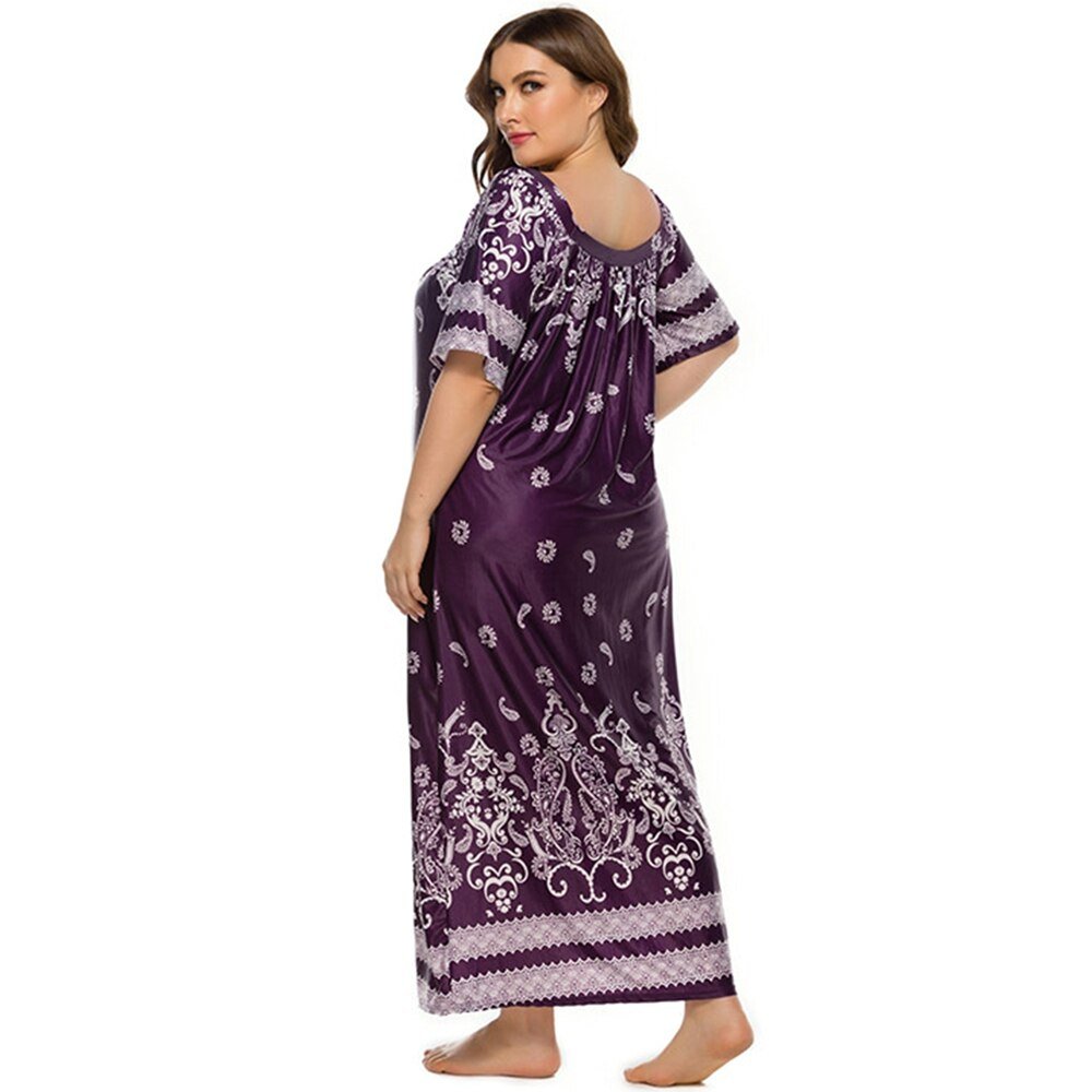 Plus Size Retro Floral Print Satin Muslim Sleep Dress Short Sleeve Loungewear Sleepwear Women Full Length Nightgown Oversized | TageUnlimited