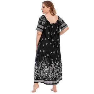 Plus Size Retro Floral Print Satin Muslim Sleep Dress Short Sleeve Loungewear Sleepwear Women Full Length Nightgown Oversized | TageUnlimited