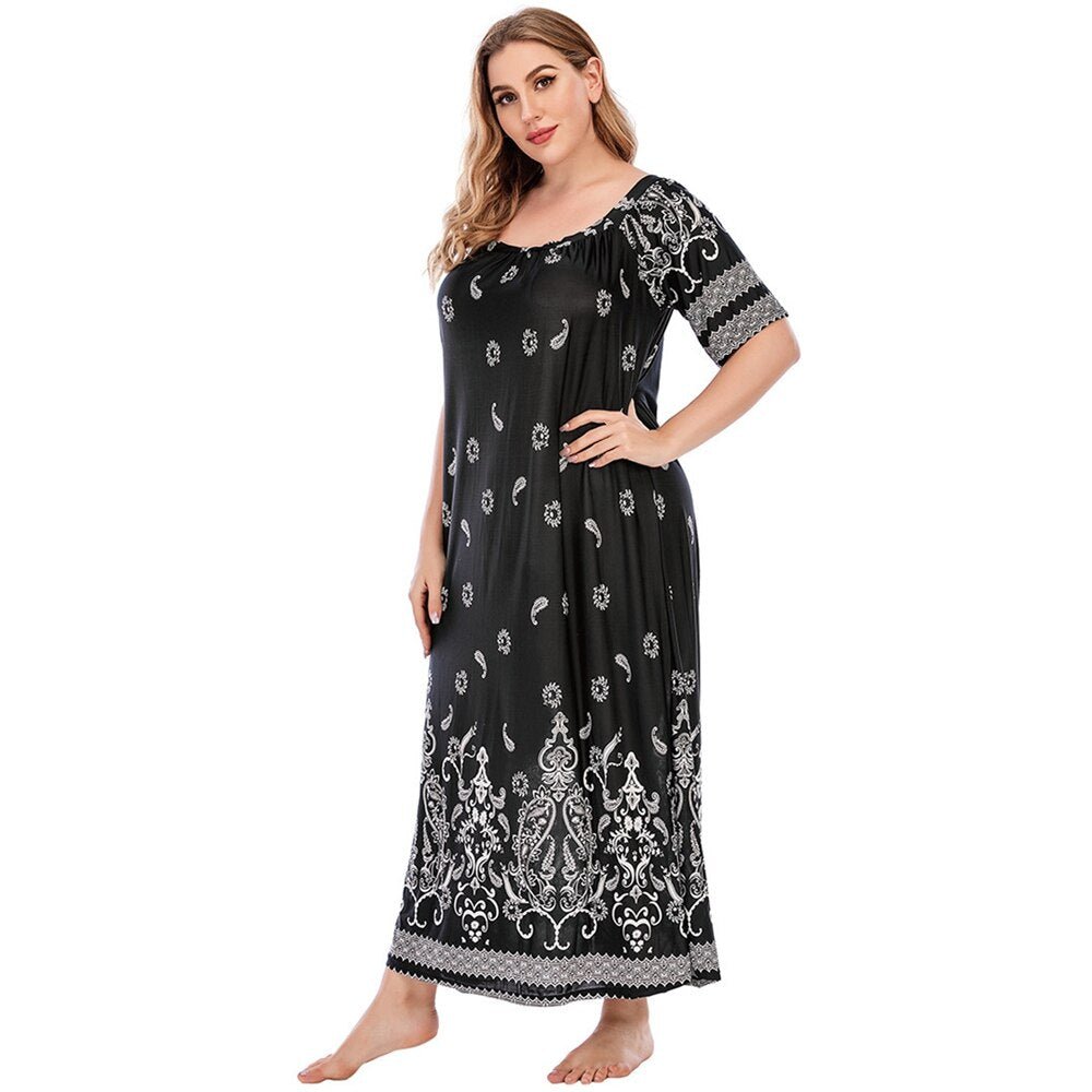 Plus Size Retro Floral Print Satin Muslim Sleep Dress Short Sleeve Loungewear Sleepwear Women Full Length Nightgown Oversized | TageUnlimited