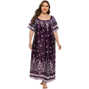 Plus Size Retro Floral Print Satin Muslim Sleep Dress Short Sleeve Loungewear Sleepwear Women Full Length Nightgown Oversized | TageUnlimited